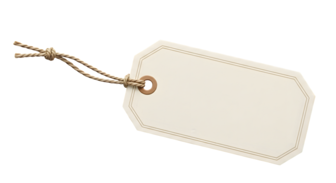 Blank beige paper tag with string, isolated on transparent background, ready for text and design