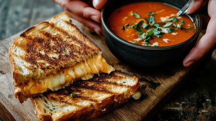 Grilled cheese sandwich and tomato soup on rustic board