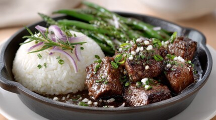 Delicious beef tips with rice and green beans garnished with fresh rosemary and onions in a skillet