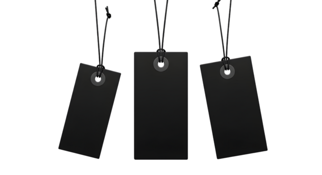 Three blank black price tags hanging on strings, isolated on transparent background