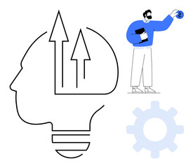 Abstract head outline with growth arrows, a gear symbol, and a professional presenting a coin. Ideal for creativity, success, problem-solving, innovation, intelligence, leadership personal growth