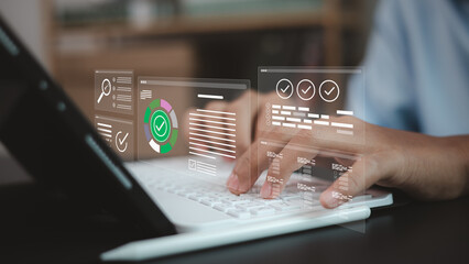 Fototapeta premium Business professional using digital dashboard with data management and workflow automation technology