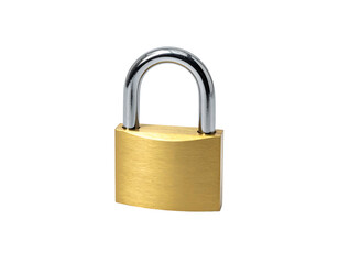 Naklejka premium Golden padlock with a silver hasp, isolated against a black background