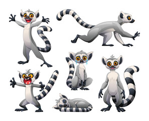 Ring-tailed lemur set showing various states like excitement, sadness, and sleeping, isolated on a white background. Vector cartoon character illustration