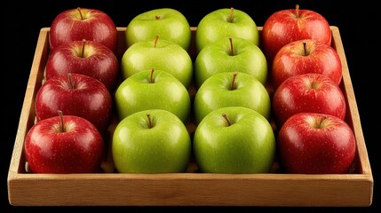 Fresh and Vibrant Apples Displayed in a Wooden Tray, Showcasing a Mix of Red and Green Varieties for Culinary Use and Healthy Snacking Options