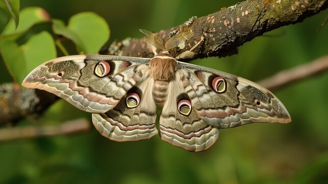 Moth resting on a green leaf with visible wing patterns, captured in natural daylight. The insect displays soft brown and beige colors, showcasing delicate antennae and textured wings in a peaceful ou - Powered by Adobe