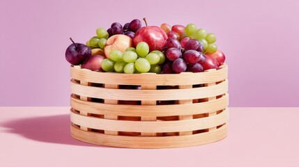 Fresh and Vibrant Fruit Basket with Assorted Apples, Grapes, and Plums Against a Soft Pink Background for Healthy Living and Culinary Inspiration