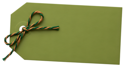 A plain green gift tag with a green and brown string tied in a bow, isolated on a transparent background