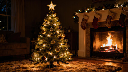 Fototapeta premium Warm holiday evening with a beautifully decorated Christmas tree beside a cozy fireplace and festive stockings hanging
