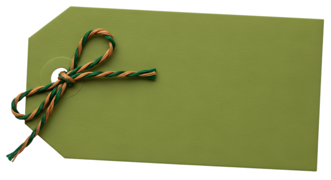 A plain green gift tag with a green and brown string tied in a bow, isolated on a transparent background