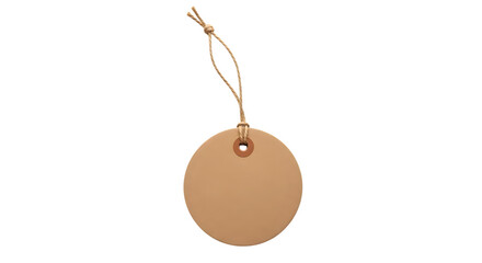 A blank, round, light brown paper tag with a string attached, isolated on a transparent background