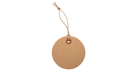 A blank, round, light brown paper tag with a string attached, isolated on a transparent background