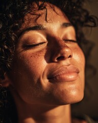 Woman taking a deep breath and smiling, showing relief after a stressful moment.