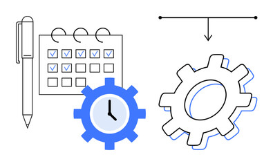 Pen, calendar with checkmarks, gears, and process flow arrow suggest scheduling, time management, workflow efficiency, and productivity. Ideal for projects, deadlines organization process flow