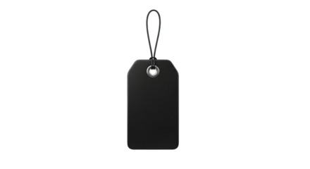A blank black rectangular tag with a string loop, isolated on transparent background