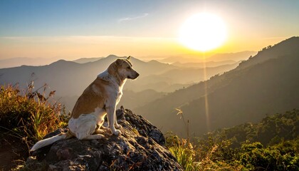 A canine sits perched atop a rock overlooking a layered mountain range, bathed in the warm light of a rising sun