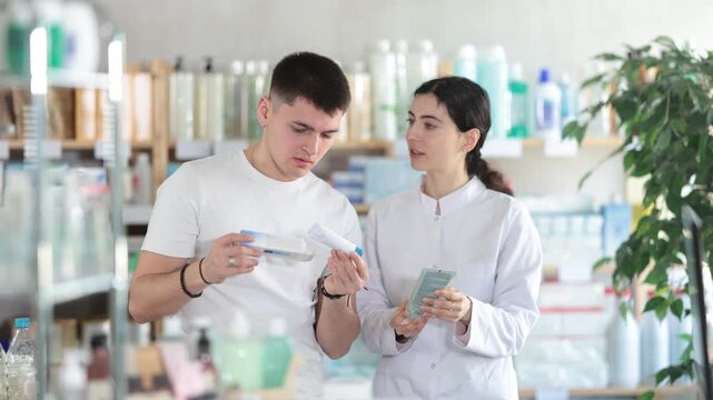 Man chooses ointment or gel in modern pharmacy. Female pharmacist helps with choosing a medicine. High quality 4k footage