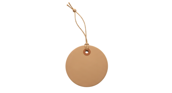 A blank, round, light brown paper tag with a string attached, isolated on a transparent background