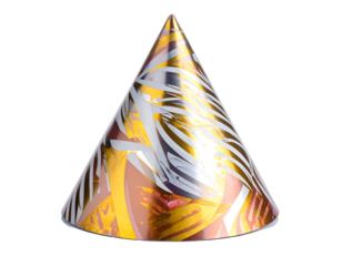 Golden party hat with white/silver swirls against a dark background, shiny and bright, hinting festive celebrations