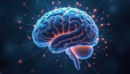 Glowing brain with connections represents neurological activity or disease. Digital render shows pulsing neural network against dark background, conveying medical science concepts and complex data.