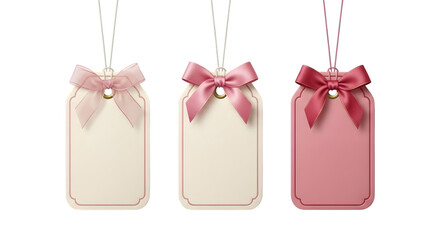 Three blank gift tags with pink bows, isolated on transparent background
