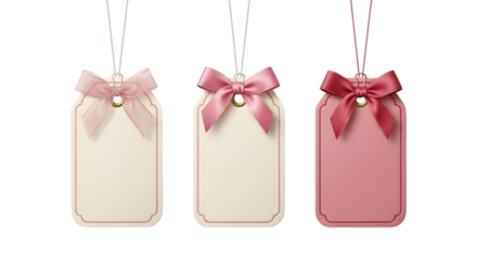 Three blank gift tags with pink bows, isolated on transparent background