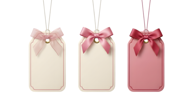 Three blank gift tags with pink bows, isolated on transparent background