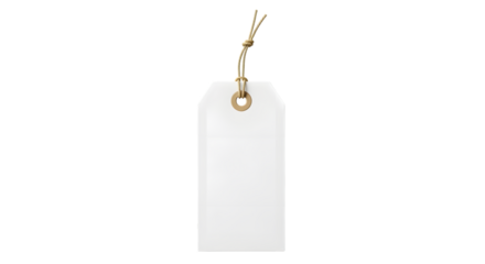 Blank white paper tag with a string tied through a brass grommet, isolated on transparent background