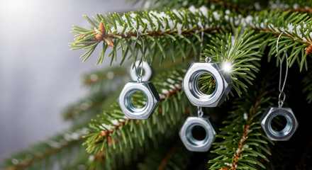 A Christmas tree decorated with industrial metal nuts, a creative holiday photo for engineering and manufacturing company greetings.