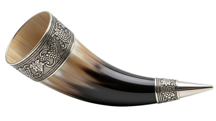 Drinking horn with silver accents isolated on white background for viking medieval renaissance festivals on transparent background