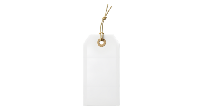 Blank white paper tag with a string tied through a brass grommet, isolated on transparent background