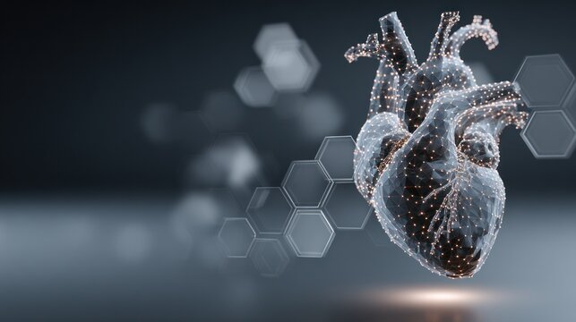 Digitally rendered human heart anatomical model depicted against a blurred background