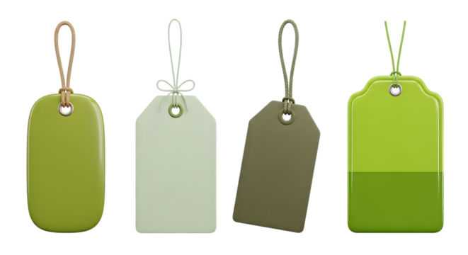 Four green price tags hanging with strings, isolated on transparent background - Powered by Adobe