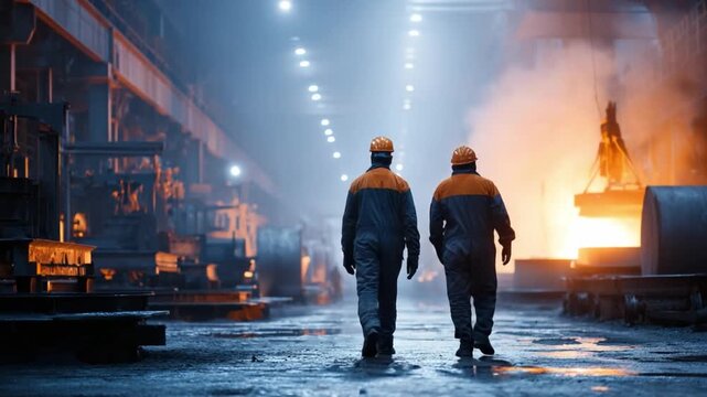 Industrial Stroll: Two diligent workers navigate the industrial landscape, embodying strength and dedication. The heat radiates around them, an ode to the industry's dynamism.