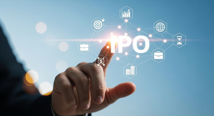 IPO Launch Concept: Businessman Touching Initial Public Offering Icon on Digital Screen, Investment Strategy and Financial Growth on Blue Background