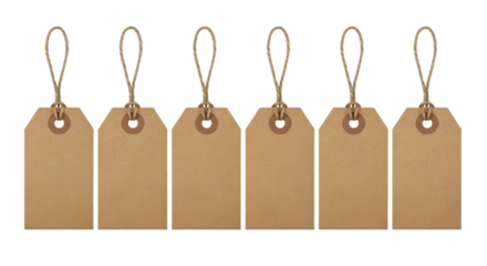 Six blank kraft paper gift tags with string, isolated on transparent background