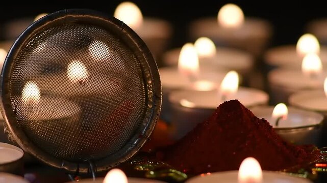 Tea strainer  candles with dark background.