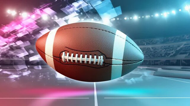 American football soaring over a vibrant stadium field with dynamic digital effects and bright arena lights - Powered by Adobe