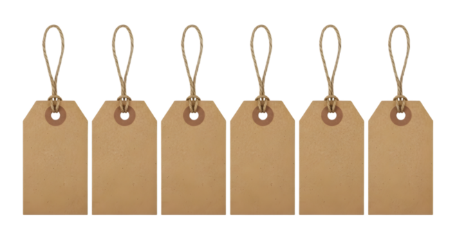 Six blank kraft paper gift tags with string, isolated on transparent background