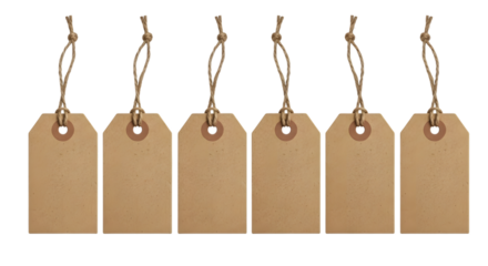 Six blank kraft paper price tags with string, isolated on transparent background