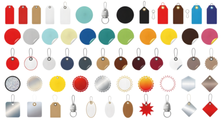 Collection of various tags and labels in different shapes, colors, and materials, isolated on transparent background