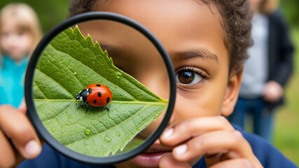 Entomology Discovery Moment: A young boy intensely examines a bright red ladybug on a lush green leaf through a magnifying glass, fostering curiosity and scientific exploration outdoors.