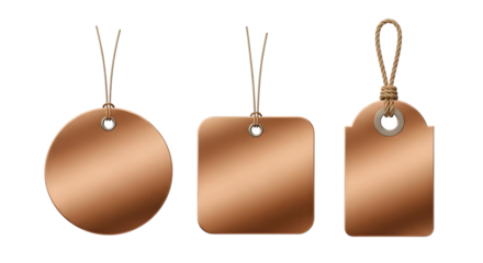 Three blank copper price tags, round, square, and shaped, isolated on transparent background