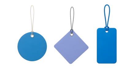 Three blank blue tags of different shapes, a circle, a square, and a rectangle, hanging from strings and isolated on a transparent background
