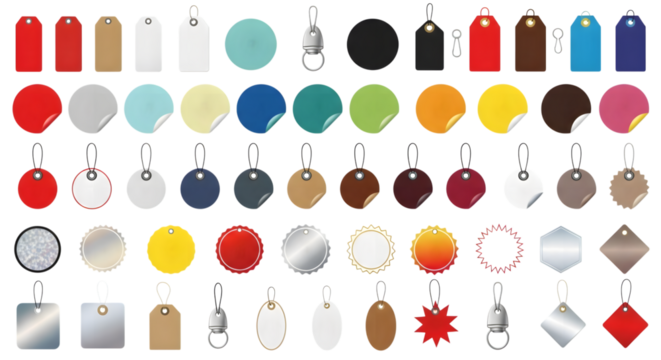 Collection of various tags and labels in different shapes, colors, and materials, isolated on transparent background