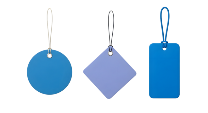 Three blank blue tags of different shapes, a circle, a square, and a rectangle, hanging from strings and isolated on a transparent background