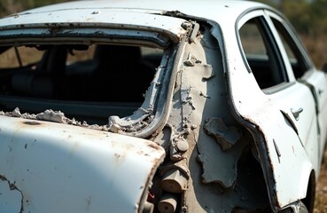 Old white car wrecked and abandoned in overgrown weeds. Its rear window is broken and chassis is rusted. Vehicle shows severe damage. Exterior paint is peeling and dirty.