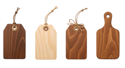 Four different wooden tags and a small cutting board isolated on transparent background