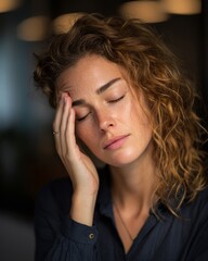 Woman rubbing her forehead with a tired expression, representing fatigue and workplace stress.