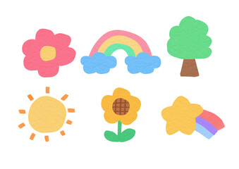 Cute pastel paper cutout flower rainbow sun tree and star with joyful playful 
